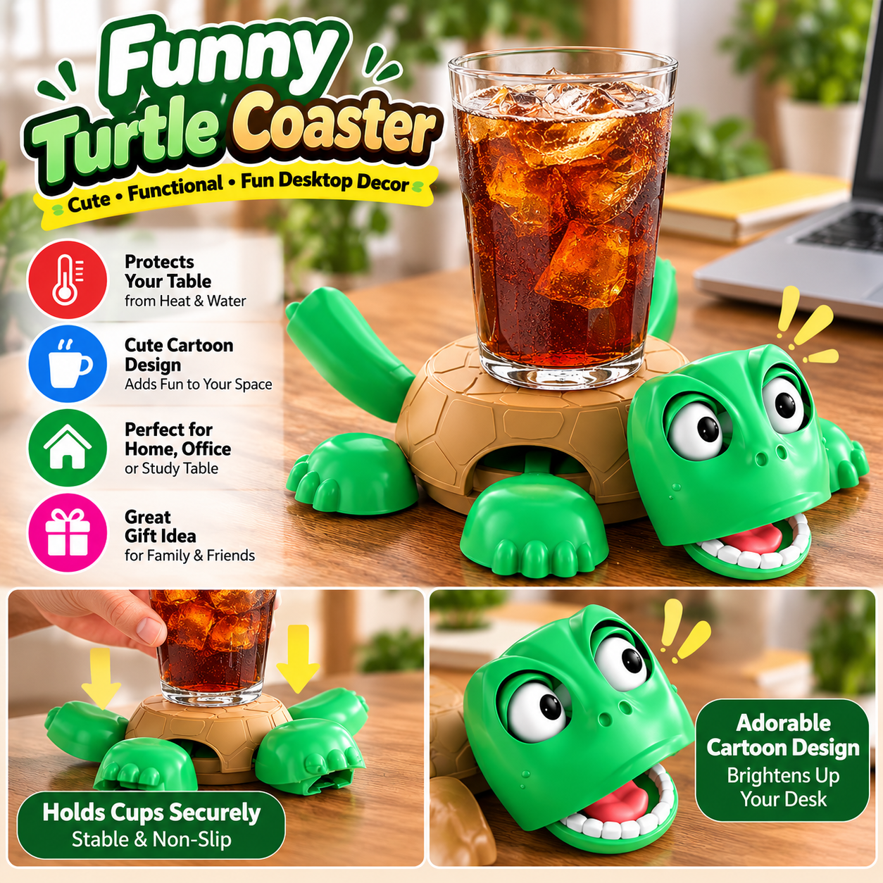 Funny Turtle Coaster Set with Holder – Cute Cartoon Drink Coasters & Desktop Decor