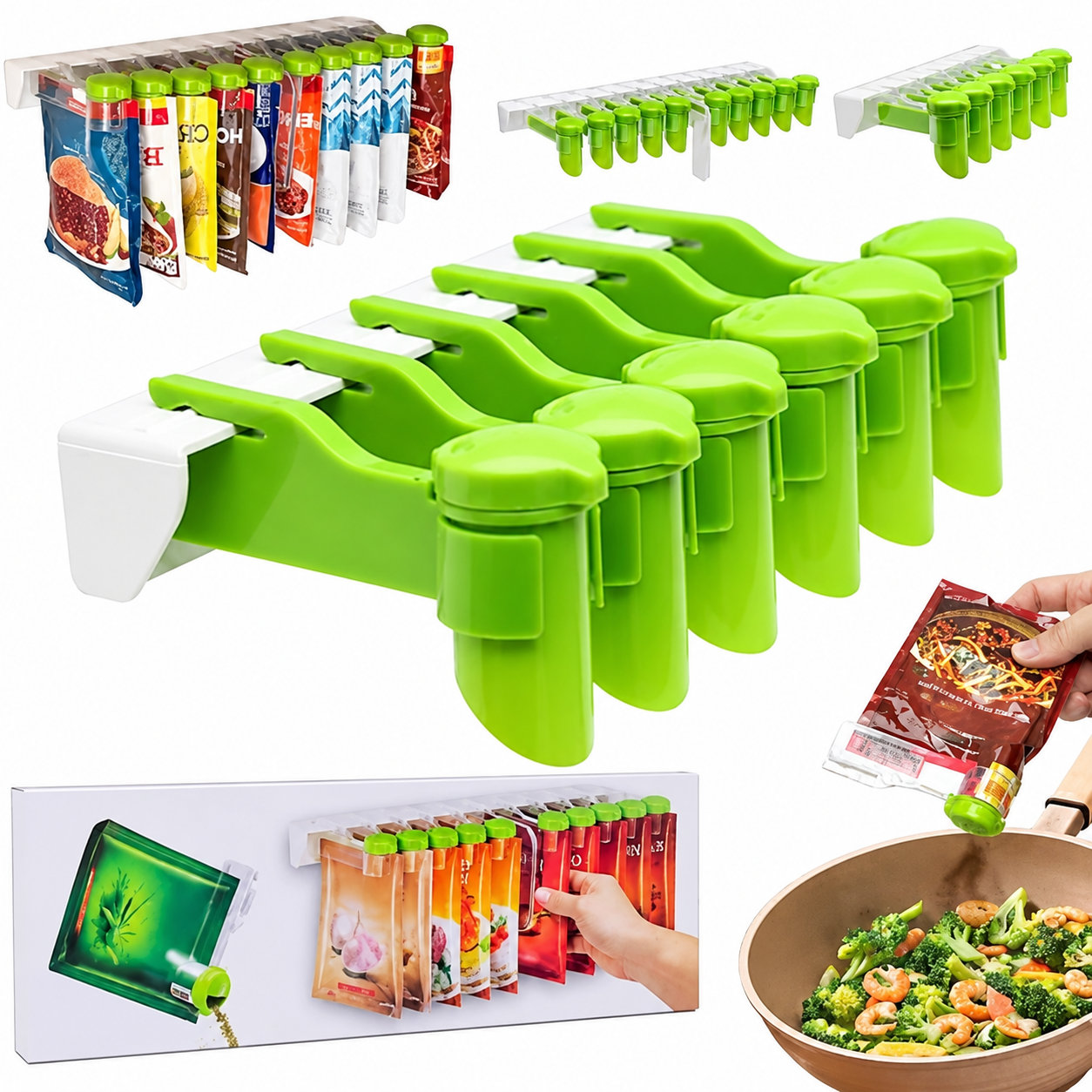 No-Punch 6-Slot Storage Rack with Closure Clip Dispenser – Green & Clear