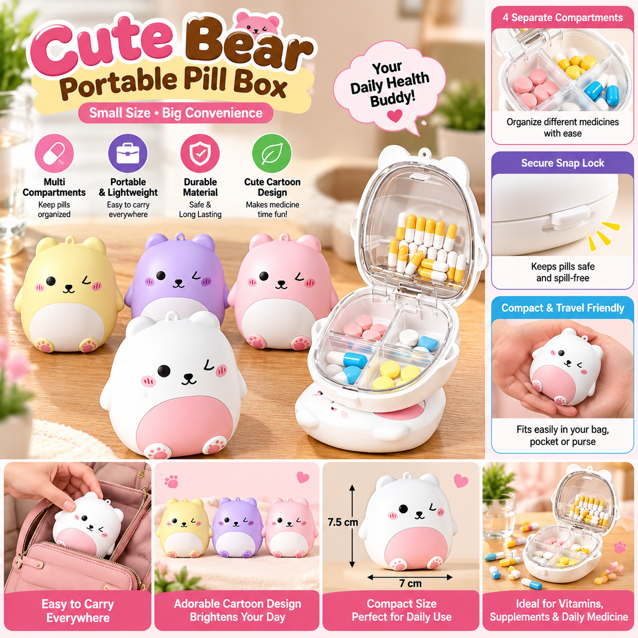 Cute Bear Portable Pill Box with Compartments