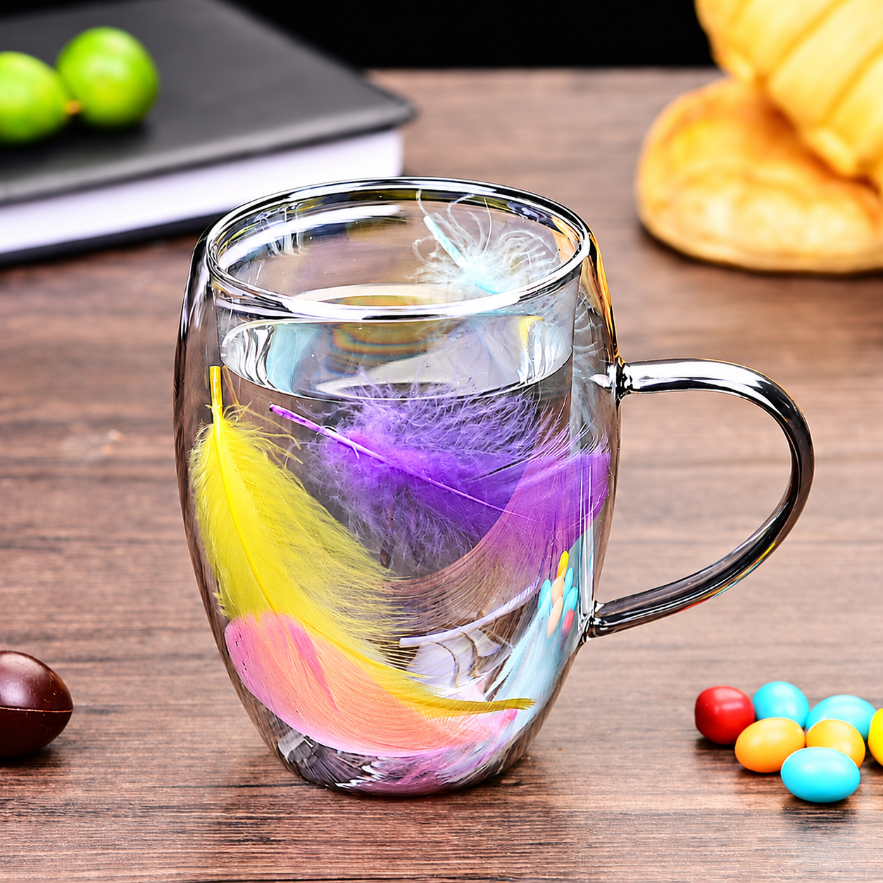 Feather Design Heat Resistant Double Wall Glass Coffee Mug – Transparent Insulated Tea & Coffee Cup