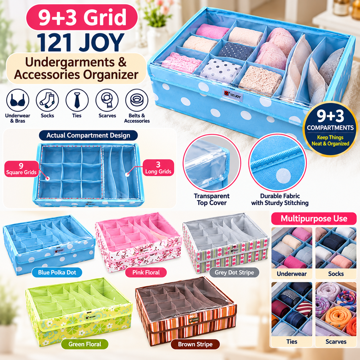 15-Grid Undergarments and Accessories Organizer - Perfect for Socks, Ties, and Scarves