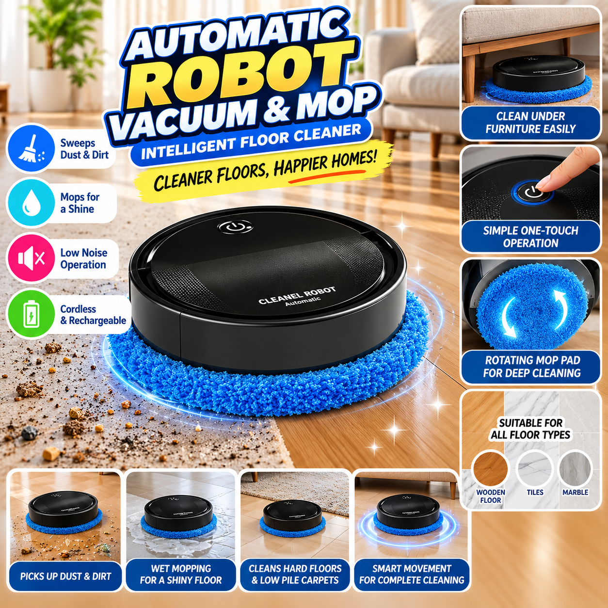 Automatic Cordless Robot Vacuum Cleaner & Floor Mop – Intelligent Wet & Dry Floor Cleaning Robot | Black