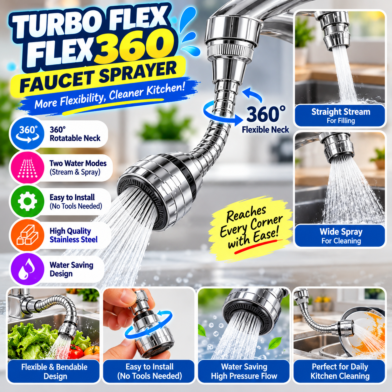 Turbo Flex 360 Flexible Water Saving Nozzle Faucet Sprayer Water Extender for Easy Clean