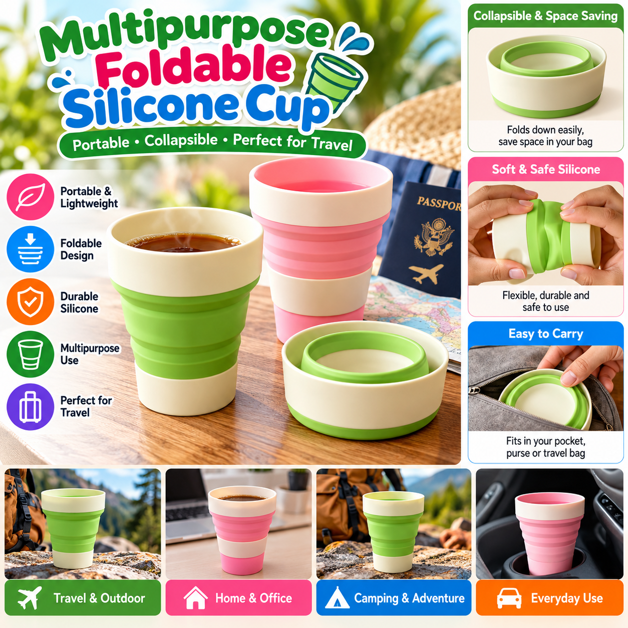 Multipurpose Foldable Silicone Cup – Portable Collapsible Travel Drinking Cup