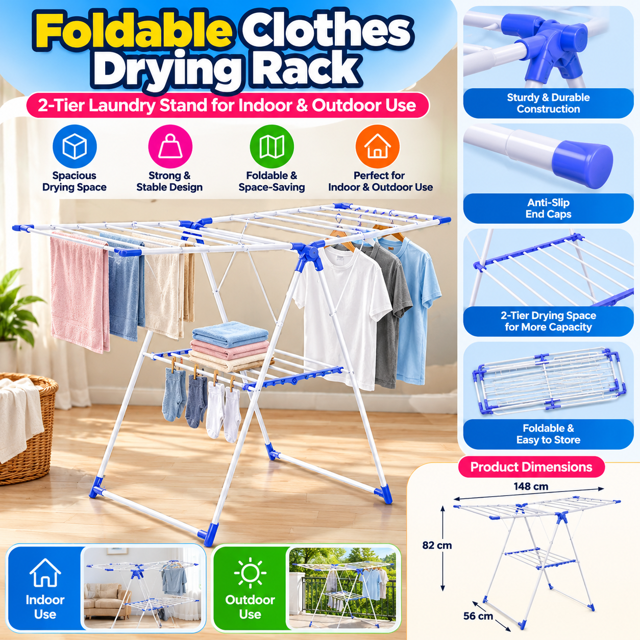Foldable Clothes Drying Rack – 2-Tier Freestanding Laundry Stand with Multiple Drying Rails for Indoor & Outdoor Use