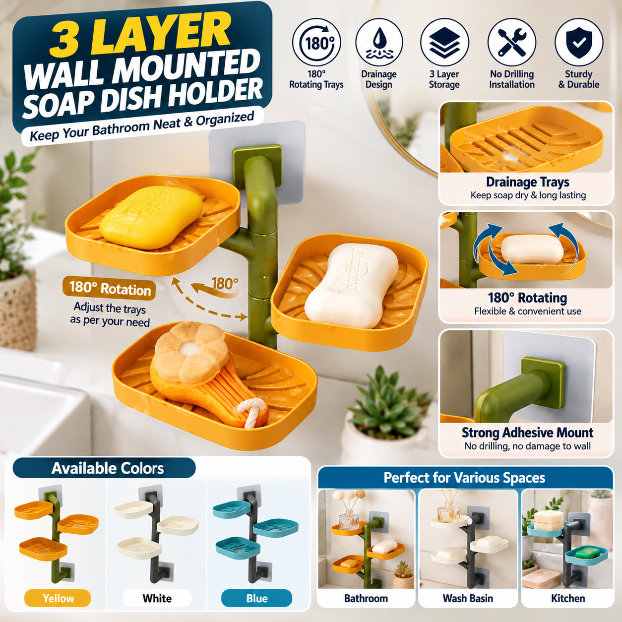 3 Layer Wall Mounted Soap Dish Holder – 180° Rotating Bathroom Soap Rack with Drainage Trays