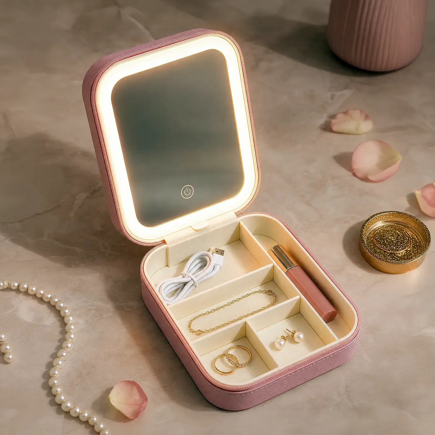 LED Makeup Mirror with Jewellery & Cosmetic Storage Box – Lighted Vanity Organizer - Image 4