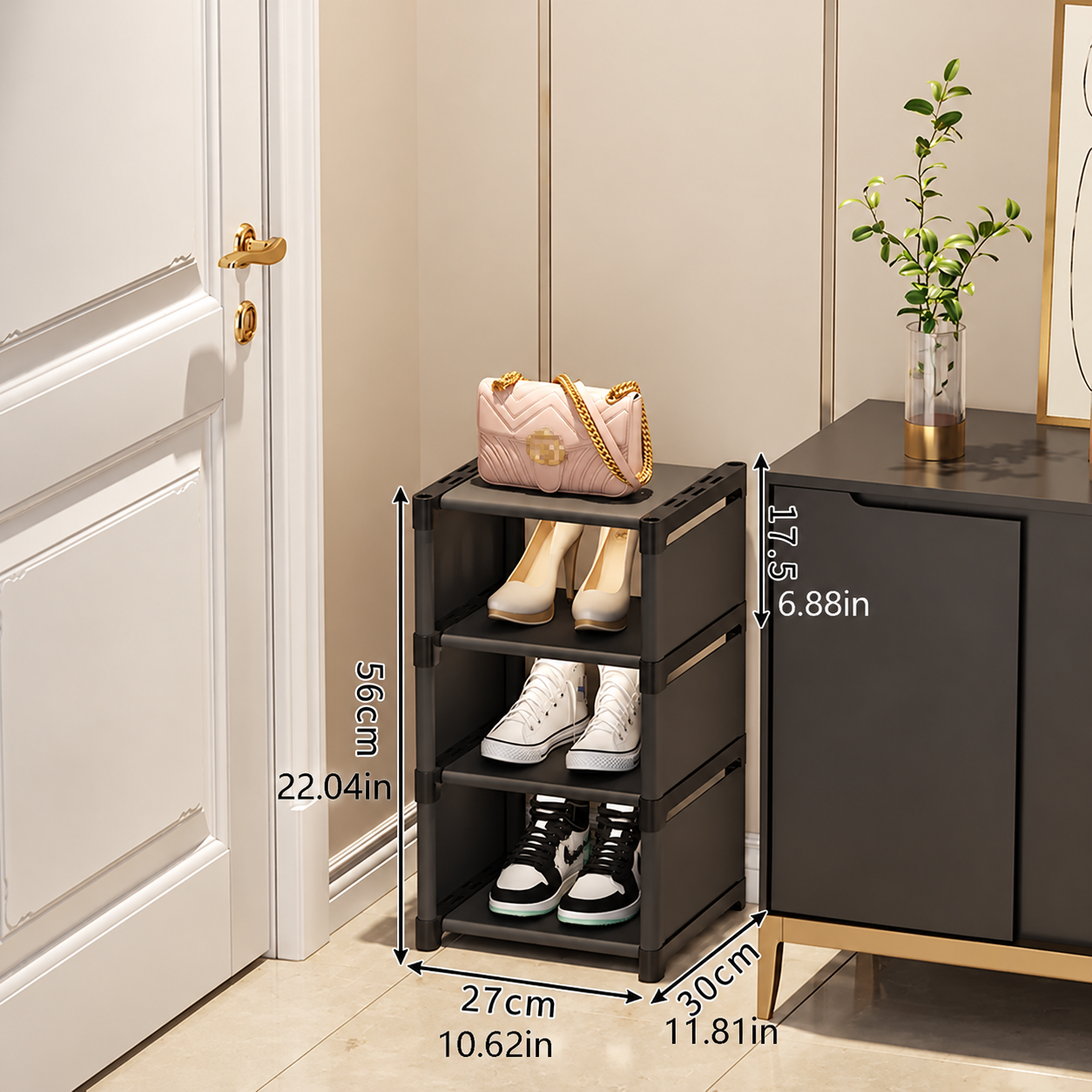 3 Layer Shoe Rack – Compact Black Shoe Storage Organiser for Home, Bedroom & Entryway