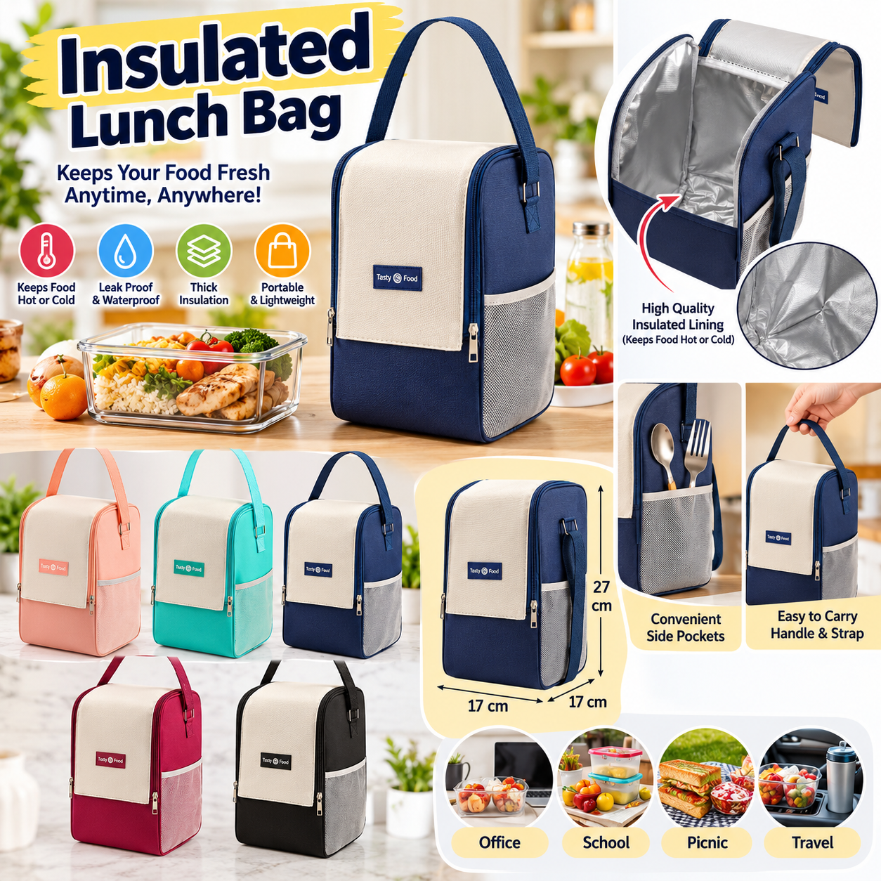 Insulated Lunch Bag for Office & School – Waterproof Thermal Tiffin Carry Bag