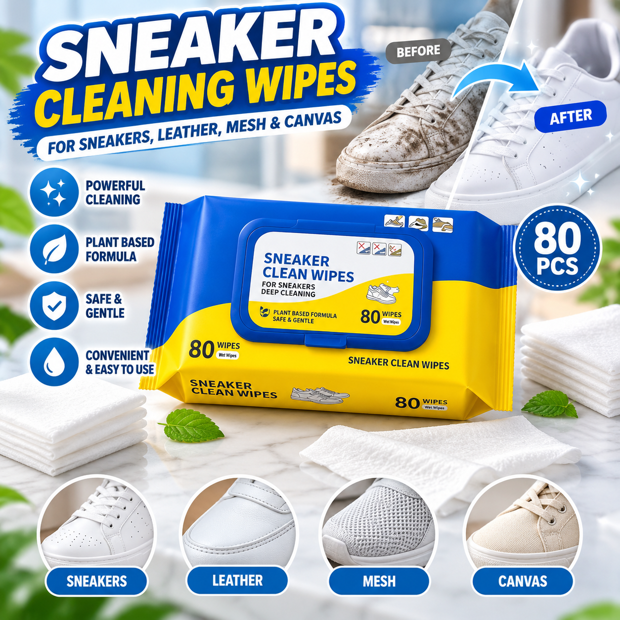 Sneaker Cleaning Wipes – 80 Pcs Shoe Cleaning Wet Wipes for Sneakers, Leather, Mesh & Canvas