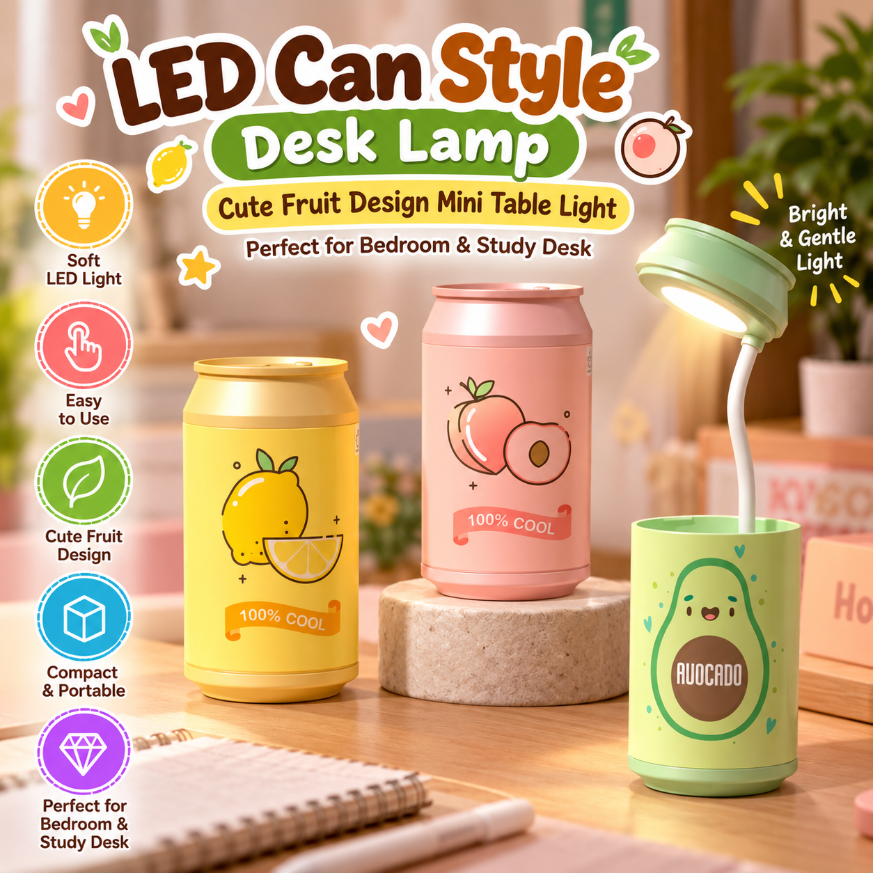LED Can Style Desk Lamp – Cute Fruit Design Mini Table Light for Bedroom & Study Desk