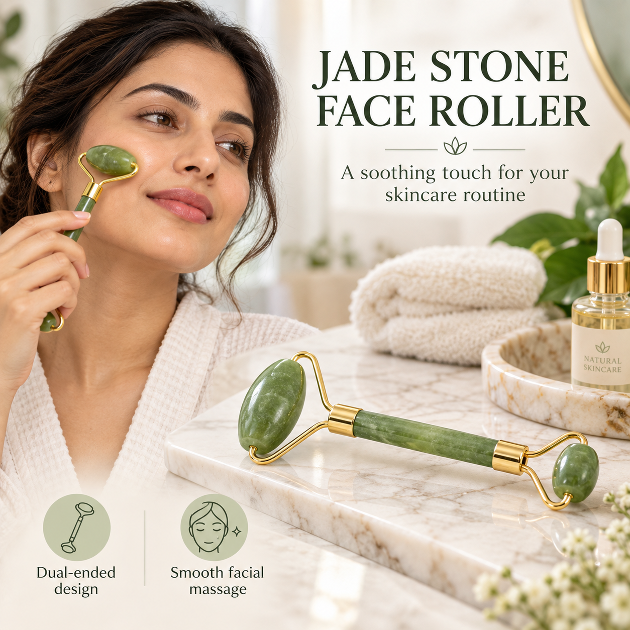 SET OF 2 Double-Ended Face Roller Massager – Green Stone Facial Massage Tool